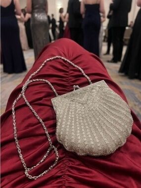 Silver Beaded Shell Clutch with Chain Strap
